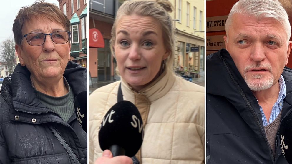 Tre personer intervjuas på gatan. Den första personen till vänster bär en svart jacka och står utomhus. Tillsammans med den andra personen i mitten, som är klädd i en beige jacka, hålls en mikrofon med logotypen SVT. Den tredje personen till höger har på sig en mörk jacka och står framför en butik.