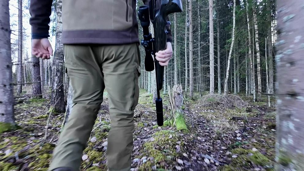 En person går genom en skog med ett gevär i handen.