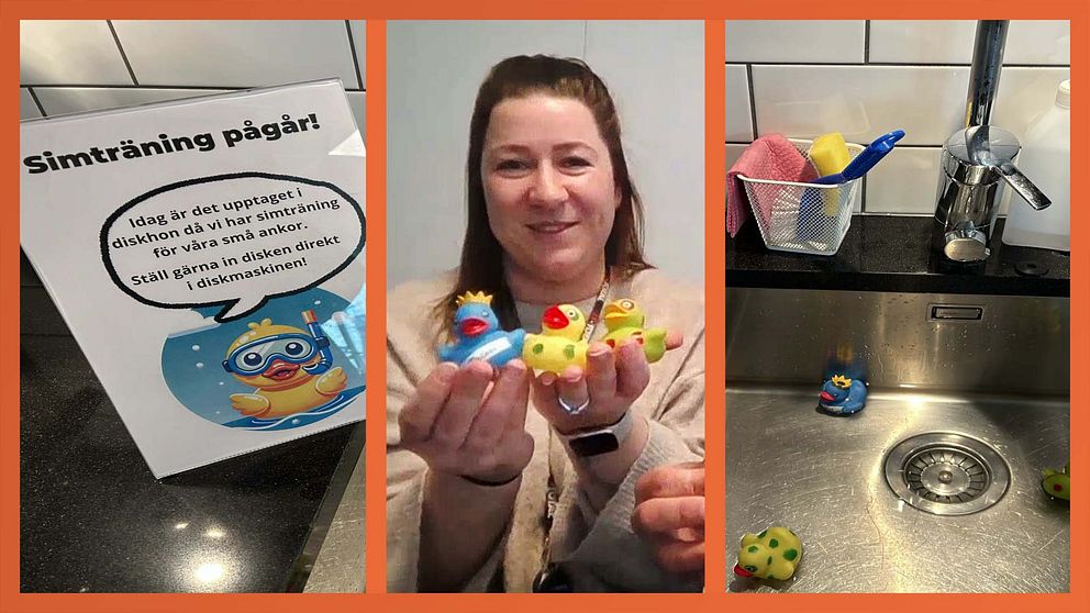 Tredelad bild. Vänster: Simträningsskylt. Mitten: Färgglada leksaker i händer. Höger: Diskho med leksaker.
