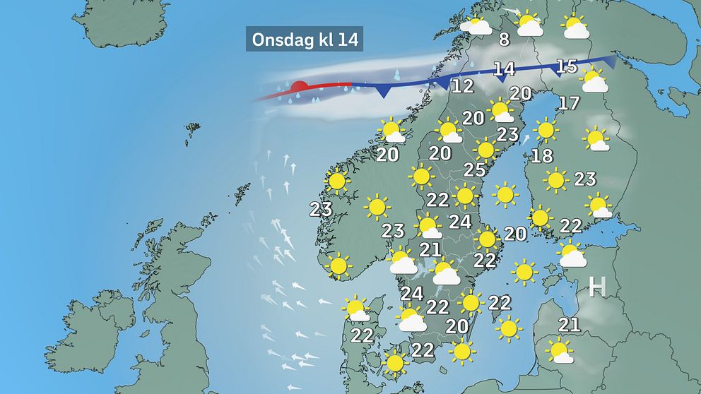Prognoskarta som visar vädret i Sverige på onsdag.