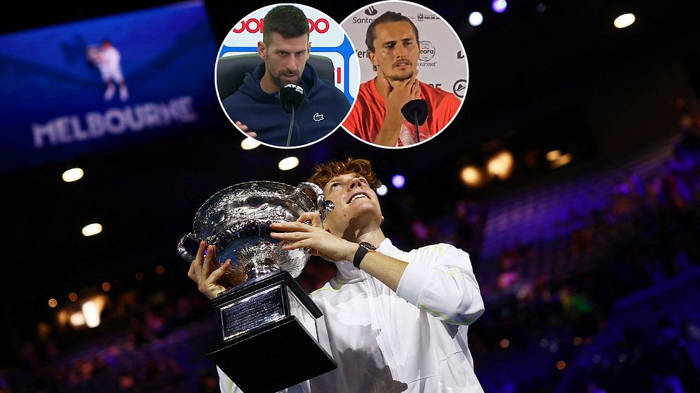 Tredelad bild. Längst fram: Tennisspelare lyfter pokal. Till höger: Person under intervju.