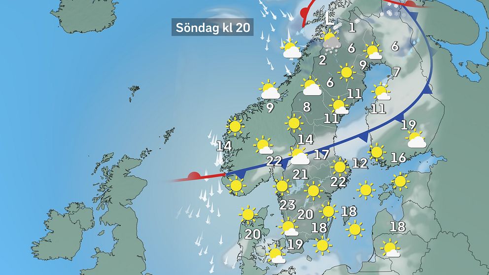 Prognoskarta som visar vädret i Sverige för söndag kväll.
