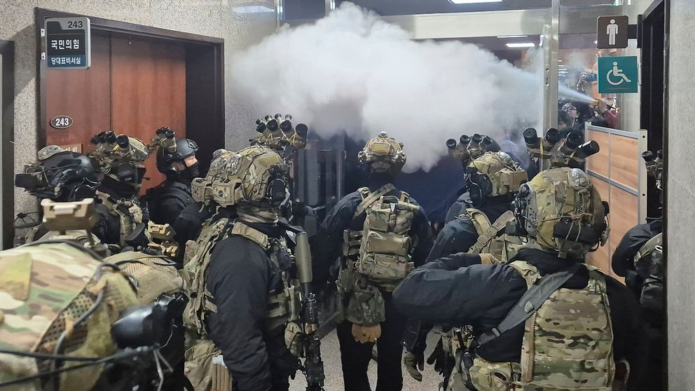 En grupp maskerade och beväpnade specialförband rör sig genom en rökfylld korridor, med dämpade färger och fokuserade uttryck. Rök strömmar från ett rum till vänster och skapar en intensiv och dramatisk atmosfär. Bakgrunderna visar stängda dörrar och en skylt för handikapptoalett i närheten.