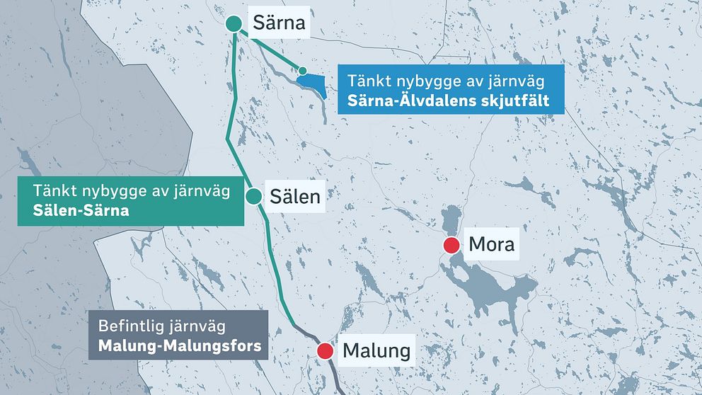 En karta över tänkt järnväg mellan Malung och Särna