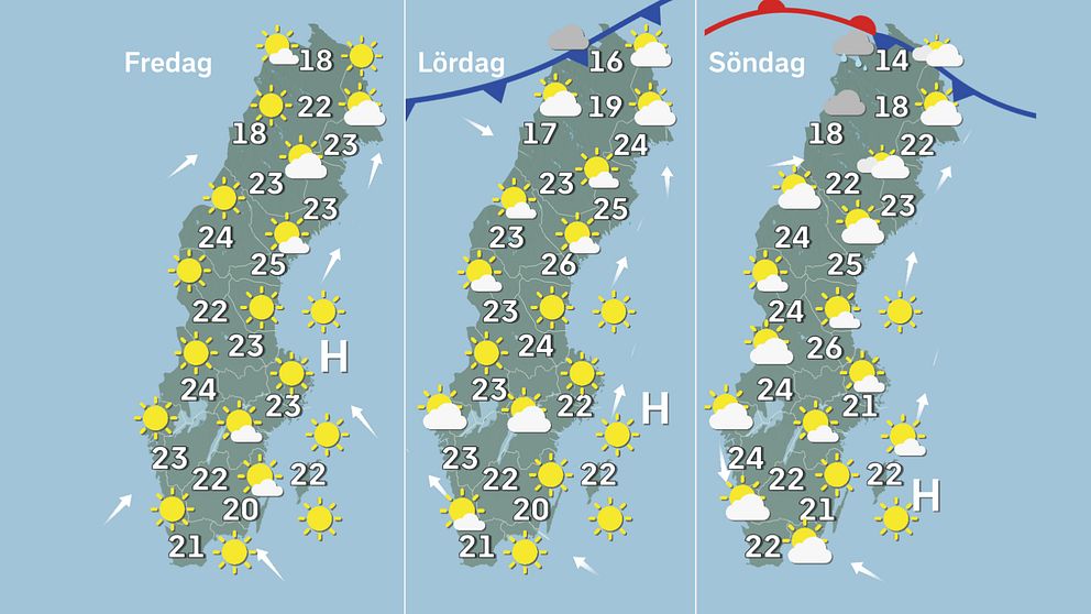 Prognoskarta som visar vädret i Sverige på fredag, lördag (pingstafton) och söndag (pingstdagen).