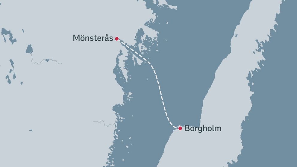 Karta över del av Småland och Öland med streckad färjelinje mellan Mönsterås och Borgholm