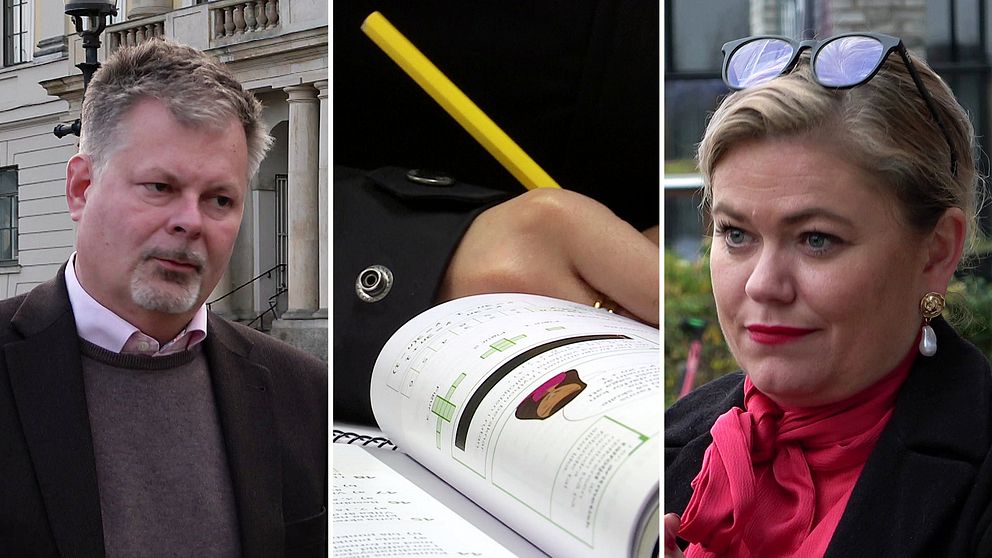Två olika politiker som tittar inåt med en lärobok i mitten från en skola.