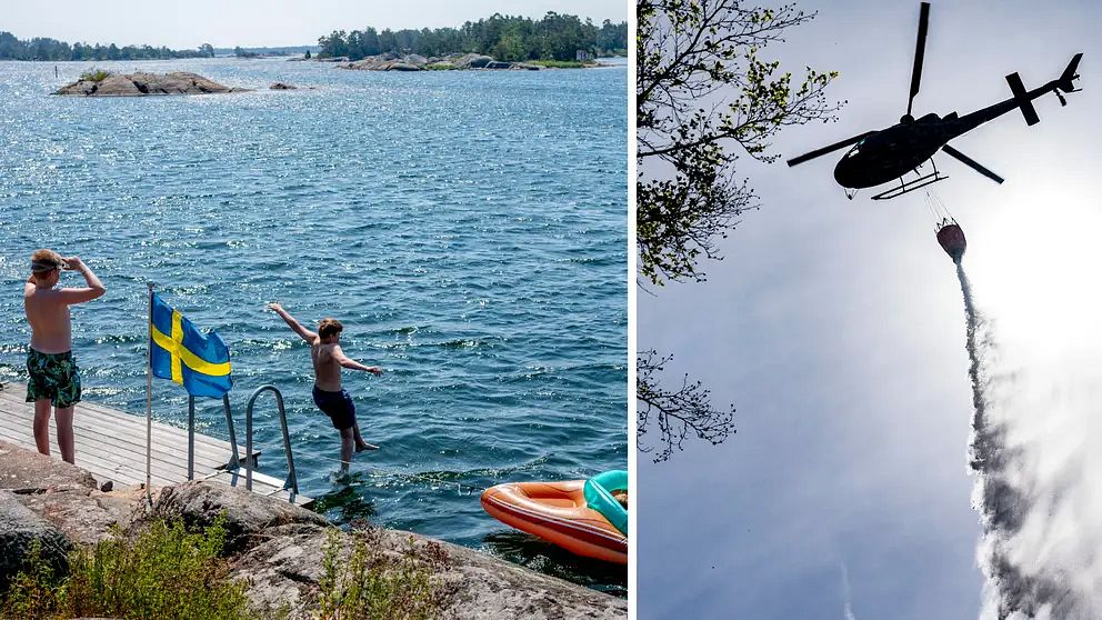 Till vänster: Barn som hoppar från en brygga en varm sommardag. Till höger: Helikopter som släcker skogsbrand med vatten.