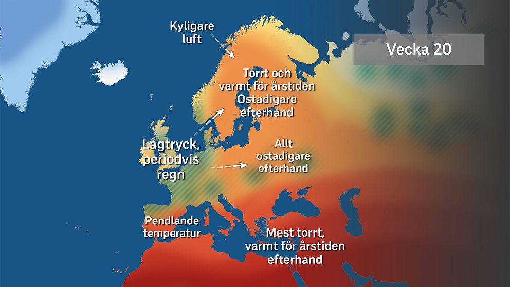 Det storskaliga väderläget över Europa under vecka 20.