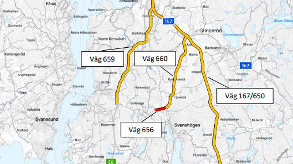 En karta som visar väg 656, 659, 660 och väg 167/605.