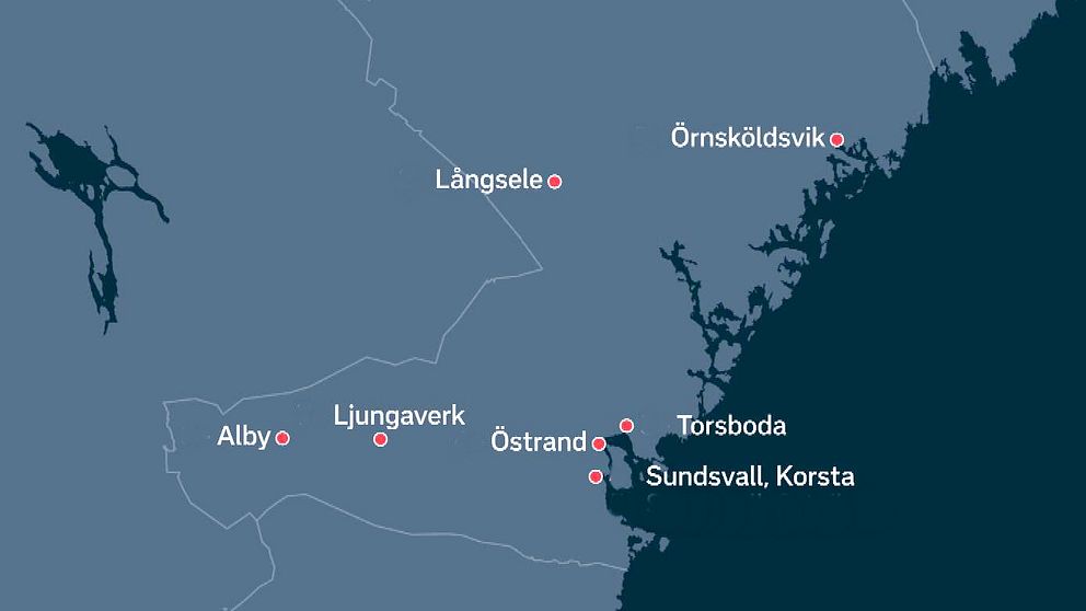 En karta över Västernorrland med sju platser platser utmärkta med röda prickar för planerade industrietableringar i länet.