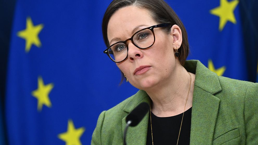 Foreign Minister Maria Malmer Stenergard presents a flag with stars on it.