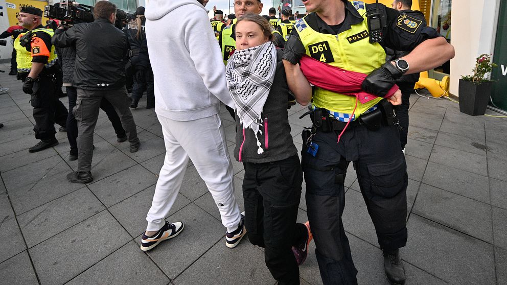 Greta Thunberg lyfts bort av poliser.