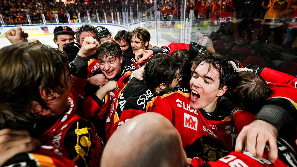 Ishockeylag firar seger tillsammans på isen inför jublande publik.