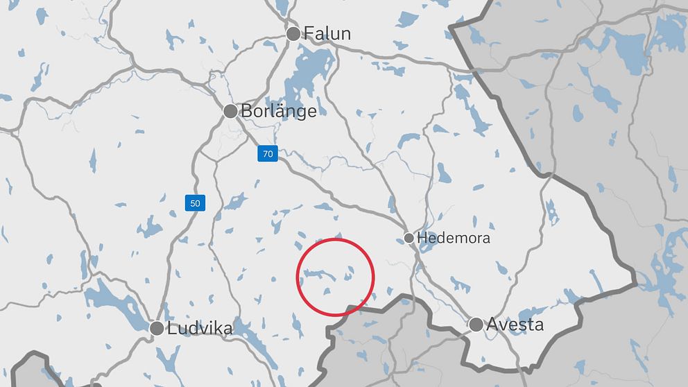 Kartgrafik med olycksplatsen utmärkt sydväst om Hedemora i södra Dalarna