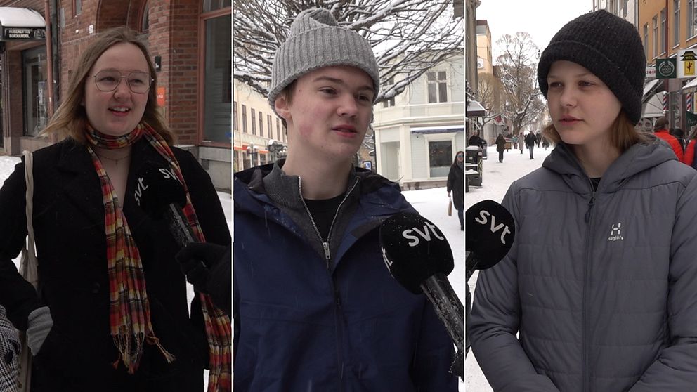 Delad bild. Irma Åslund Gran har på sig en svart kappa och en färgglad halsduk,  Hannes Wallentin har på sig en blå jacka och grå mössa och Ingrid Jeppesen har på sig en grå jacka och svart mössa.