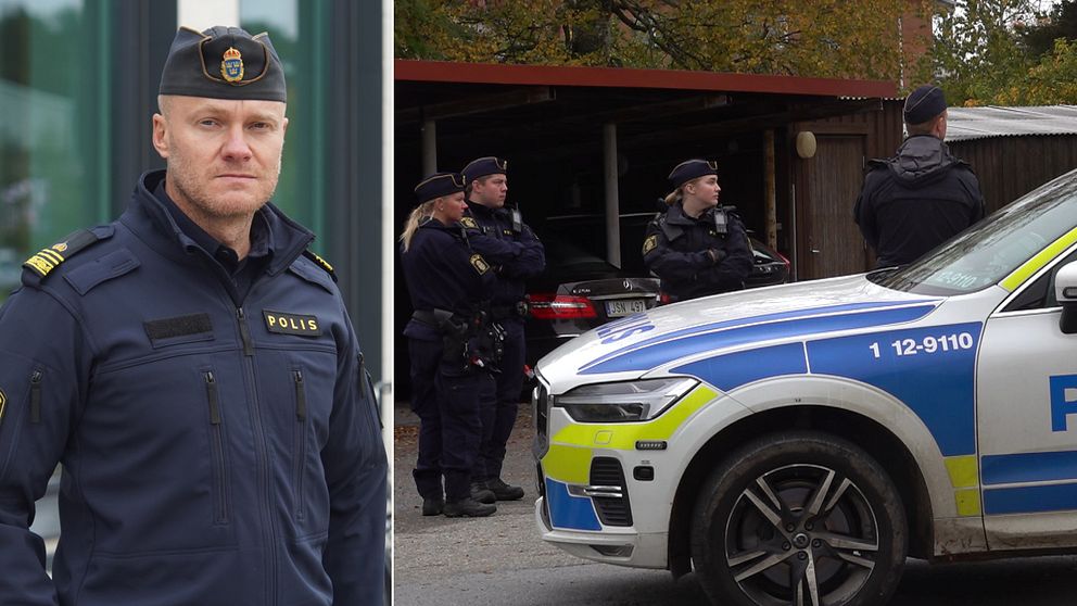 Delad bild. Till vänster en ensam polis som tittar rakt in i kameran. Till höger fyra poliser som tittar åt samma håll, i förgrunden en polisbil.