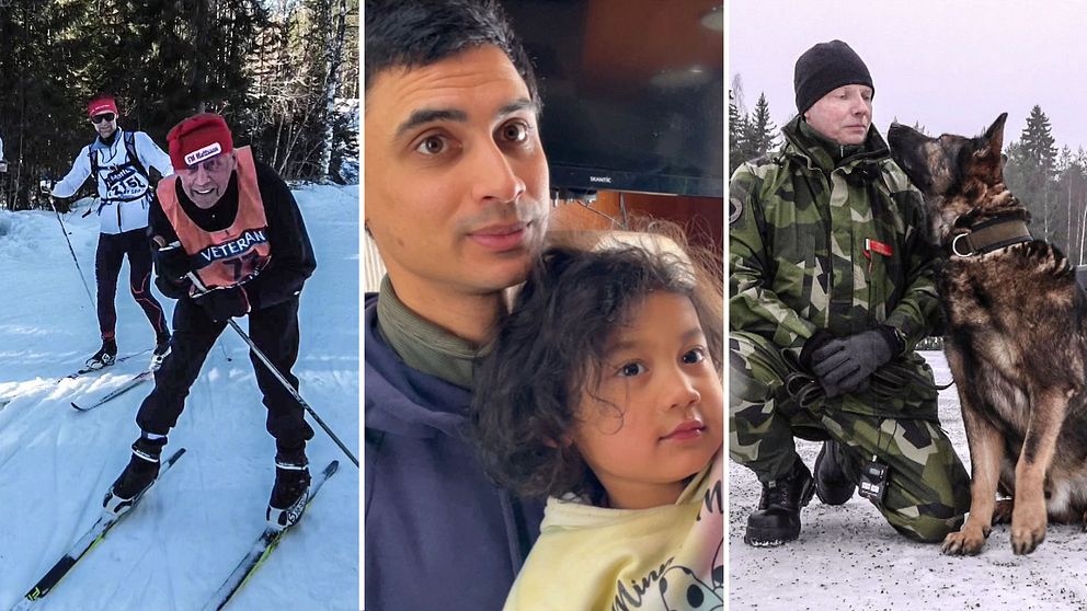 en skidåkare, en pappa och en dotter och hemvärnspersonal med hund