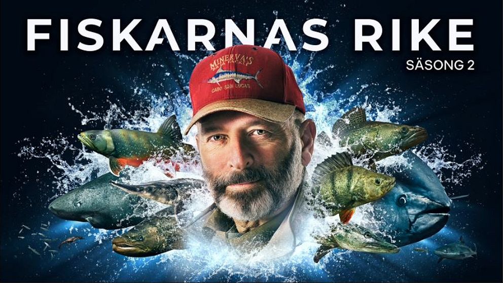 Reklamaffisch för ”Fiskarnas Rike” säsong 2, med olika fiskar som hoppande ur vattnet runt en person som bär en röd keps med texten ”Fiskarnas Rike”.