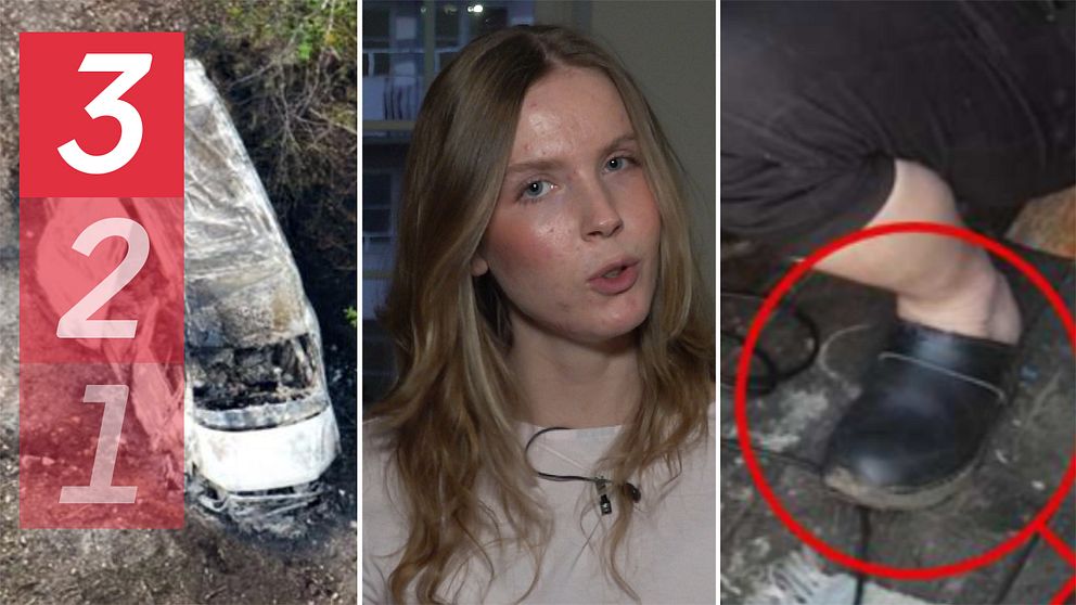En delad bild som innehåller tre sektioner. Den första sektionen visar ett brunnit fordon som ligger på marken, omgiven av grön vegetation. Den andra sektionen föreställer en person med långt hår, som ser mot kameran. Den tredje sektionen visar en fot som bär en svart sko, markerad med en röd cirkel, som står på en golvyta.
