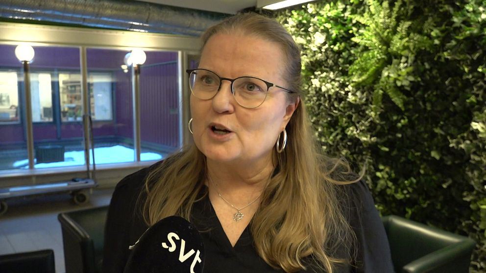 En person intervjuas av SVT i ett grönskande inomhusmiljö.