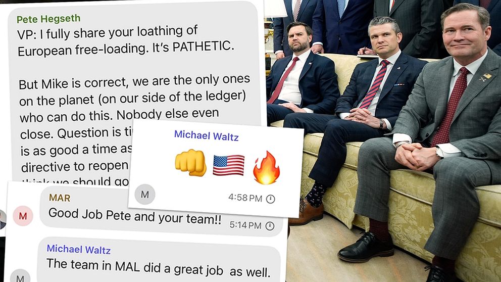 Delad bild. Vänster: textmeddelanden från Pete Hegseth och Michael Waltz. Höger: JD Vance, Pete Hegseth och Mike Waltz.