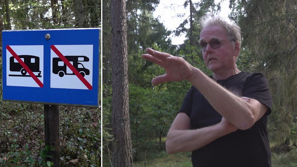 En skylt som förbjuder husvagnar och husbilar och en man som pekar i skyltens riktning.