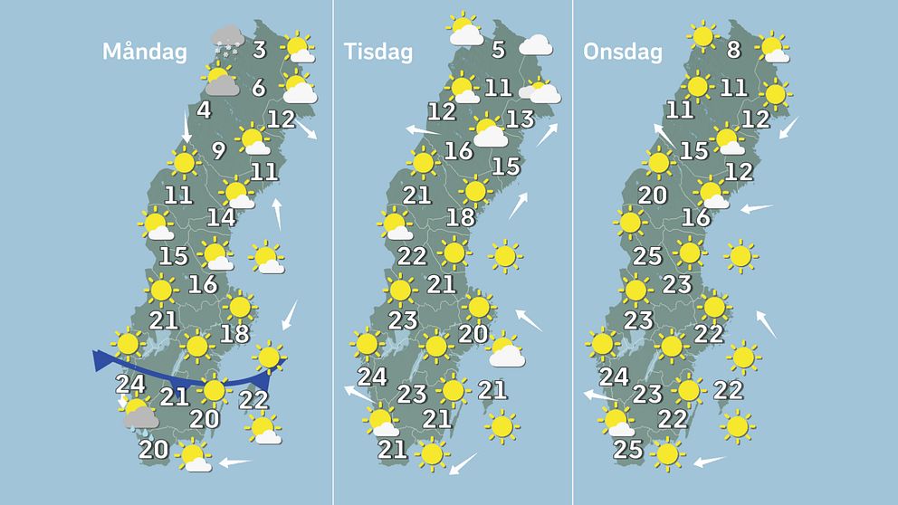Prognoskarta som visar vädret i Sverige från måndag till onsdag