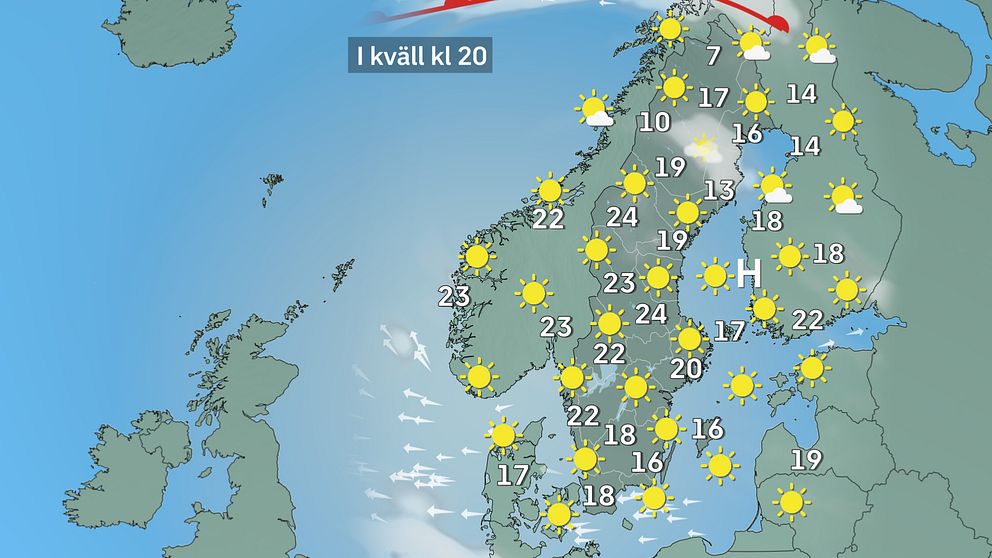 Prognoskarta som visar vädret i Sverige i kväll