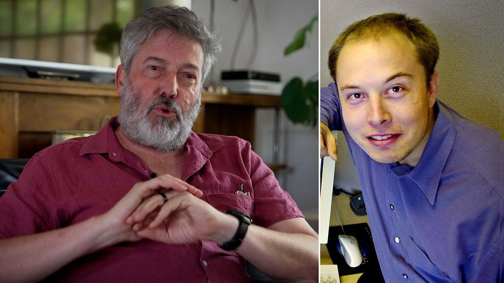 Tvådelad bild. Vänster: person i röd skjorta. Höger: ung Musk i blå skjorta.
