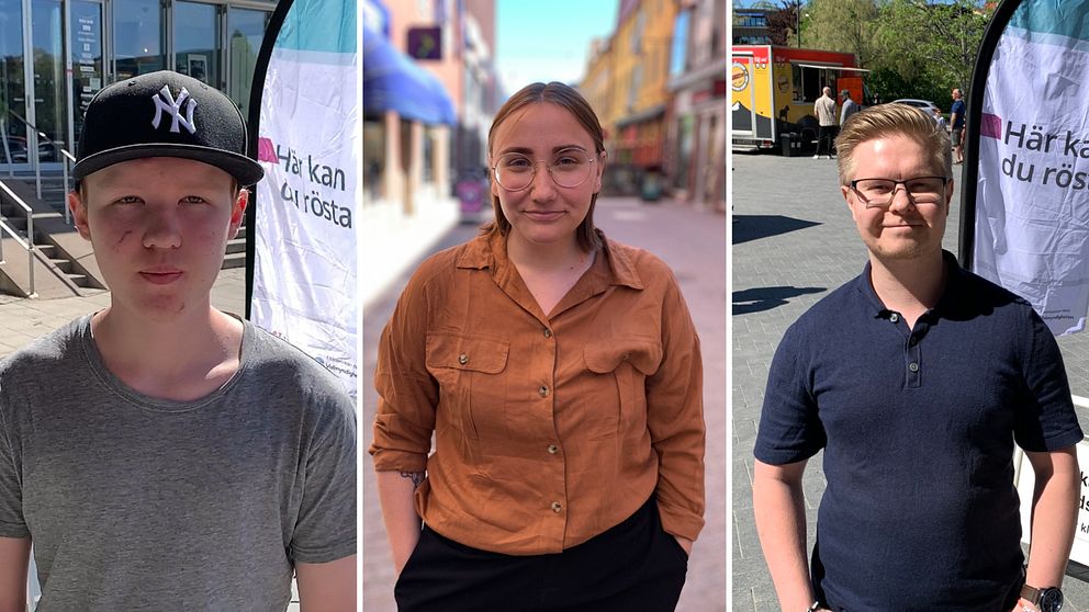 tre unga personer som tittar in i kameran, två står framför vimplar med texten ”Här kan du rösta”