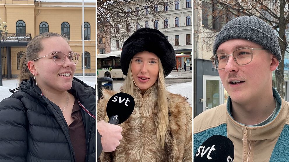 Tre individer intervjuas utomhus i ett vinterlandskap. Den första personen bär en svart jacka och en röd öronsnäcka utanför en byggnad med gula väggar och mörka fönster. Den andra personen har på sig en lurvig kappa och en svart pälsmössa på en trottoar med en stadsbuss i bakgrunden. Den tredje personen har en grå stickad mössa och en beige och turkos jacka, också utomhus i en stadsmiljö.