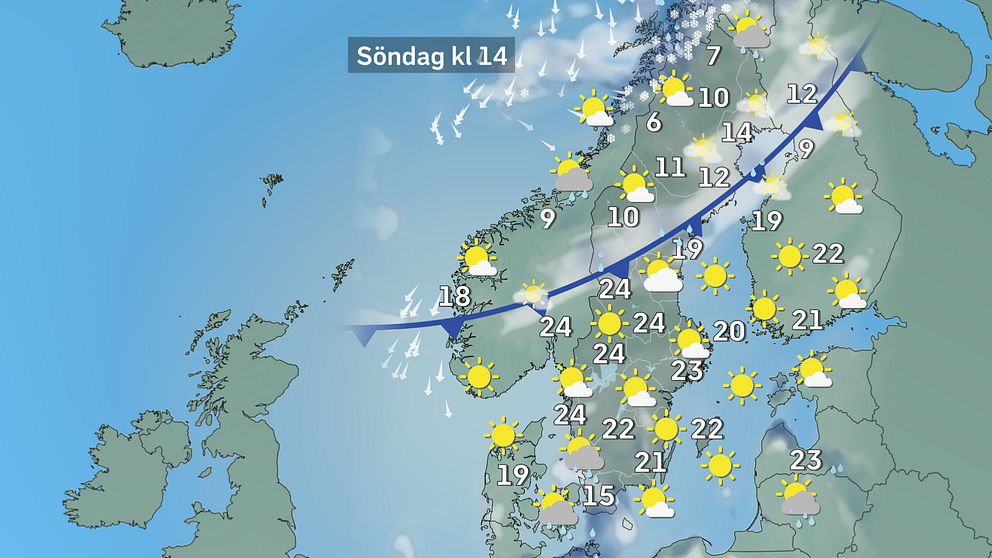 Prognoskarta som visar vädret i Sverige på söndag