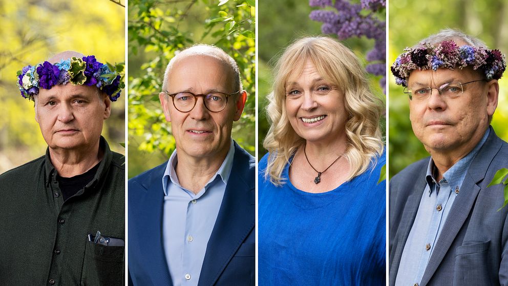 Porträtt på fyra sommarpratare från från Dalarna med blomkransar på huvudet. Göran Greider, Harald Mix, Sussie Eriksson och Bert Sundström