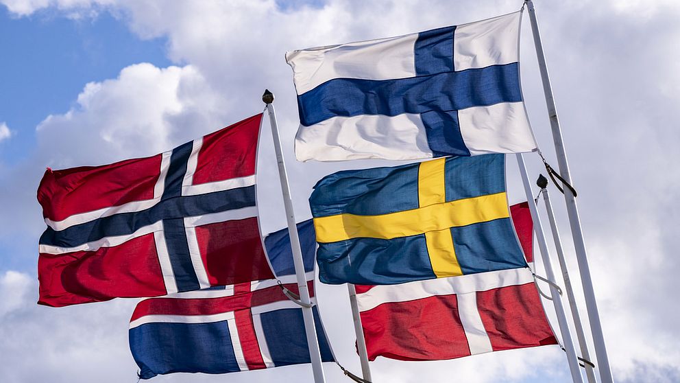 De nordiska flaggorna – Norges flagga, Islands flagga, Finlands flagga, Sveriges flagga och Danmarks flagga – vajar i vinden i hamnen i Helsingborg i maj 2020. Arkivbild.