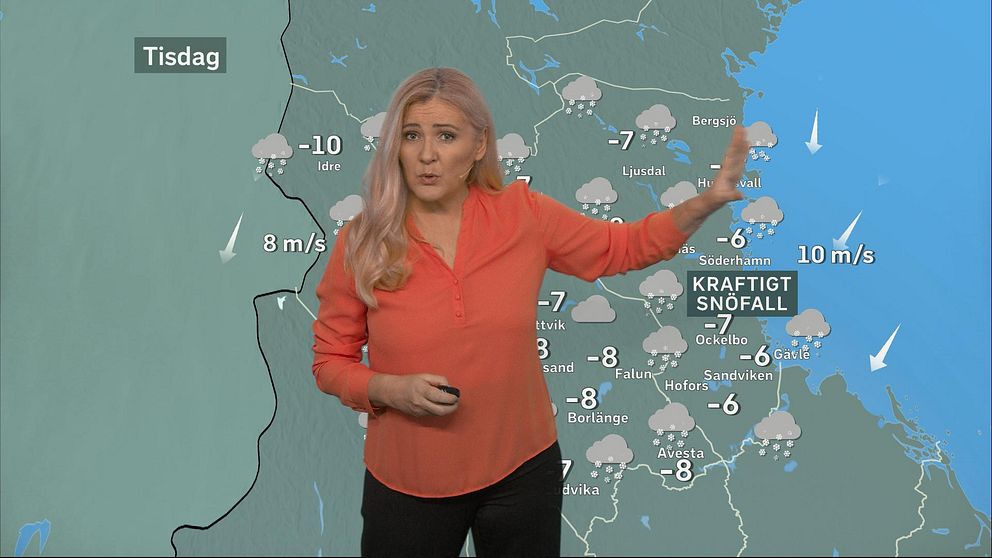 Meteorologen Deana Bajic pekar på ett kraftigt snöfall längs Gävleborgs kustland