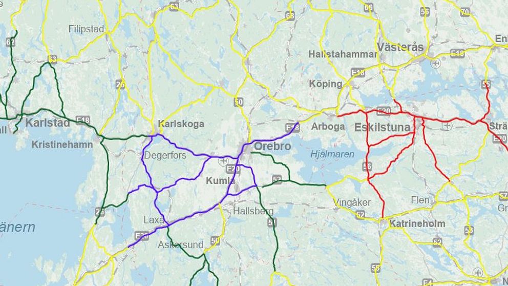 Kartan visar hur olika bra vägarna är i förhållandet till väder. I stora delar av länet är det halt, enligt Trafikverket.