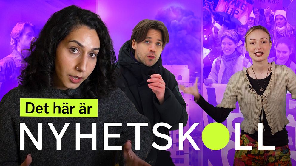 Tre personer står framför en färgglad bakgrund med olika nyhetsteman. Texten ”Det här är NYHETSKOLL” är tydligt synlig i förgrunden. Den vänstra sektionen visar en person med mörkt hår och en mörk tröja, den mellersta har en person som gestikulerar med handen, och den högra sektionen visar en person i en ljus tröja som pratar.
