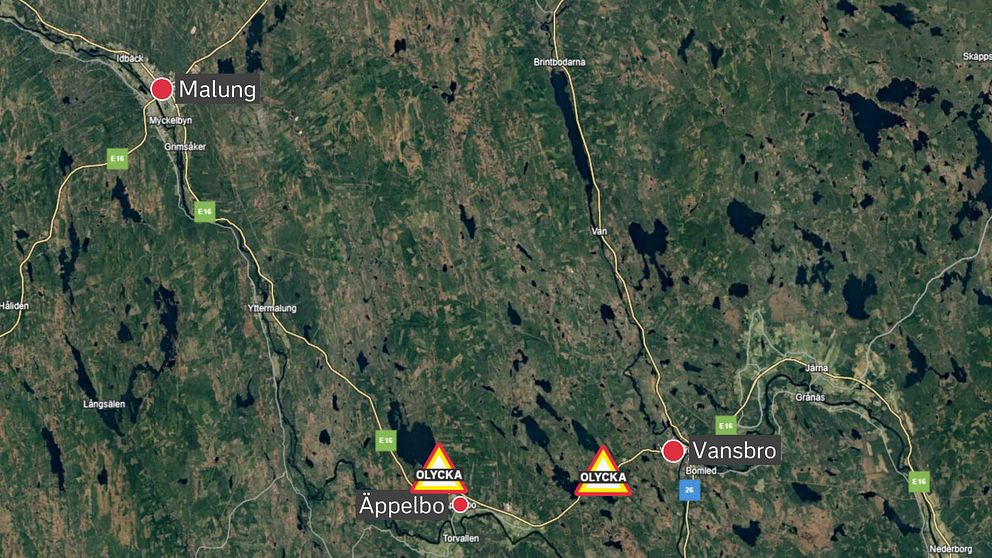 En karta över området utanför Vansbro i Dalarna där olyckorna är utmärkta med symboler.
