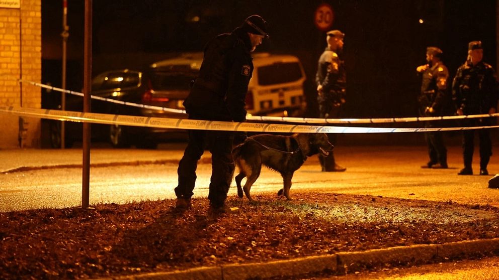 polis med polishund innanför avspärrningar