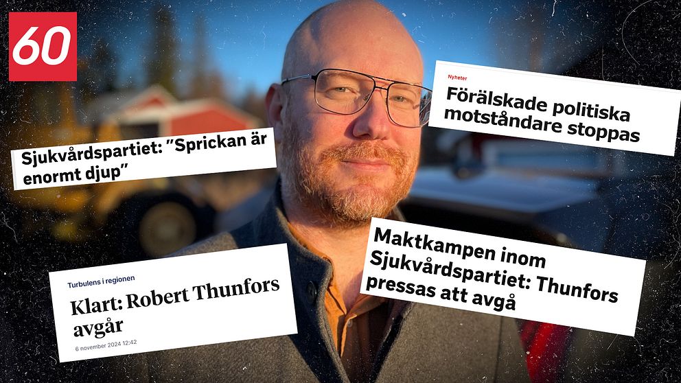 Bild med rubriker relaterade till en inre konflikt inom Sjukvårdspartiet. Rubrikerna diskuterar politiska motsättningar, avgång av en ledande person och spänningar inom partiet. Bakgrunden visar en suddig miljö som indikerar utomhus, troligen i en offentlig inställning.
