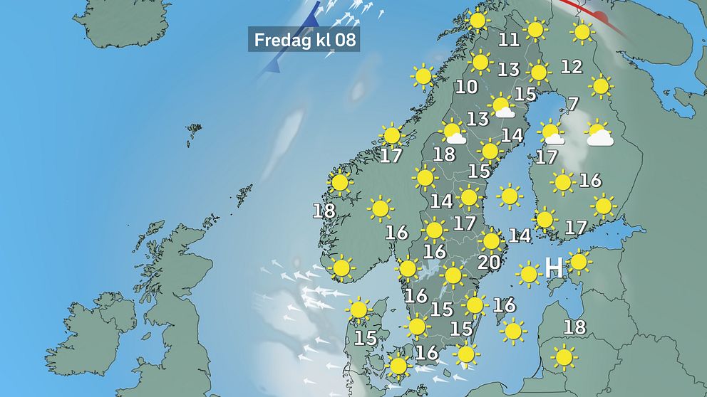 Prognoskarta som visar vädret i Sverige på fredag morgon
