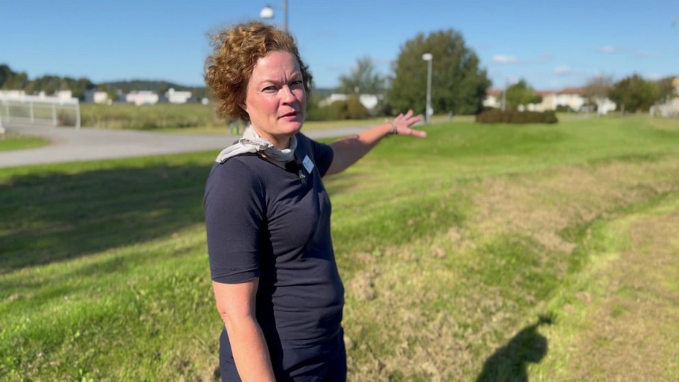 En person står på en grön gräsyta och gestikulerar med sin hand, pekande mot ett synligt område i bakgrunden. Det är en solig dag med klar blå himmel och träd i omgivningen.