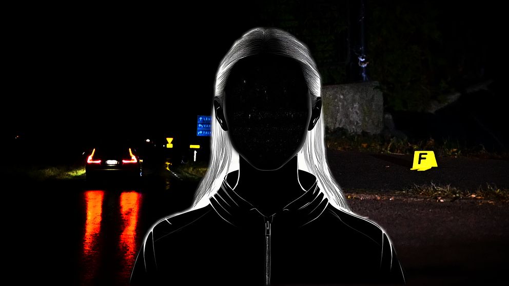 En silhuett av en flicka framför en mörk bakgrund där det syns en bil och en brottsplatsmarkering.