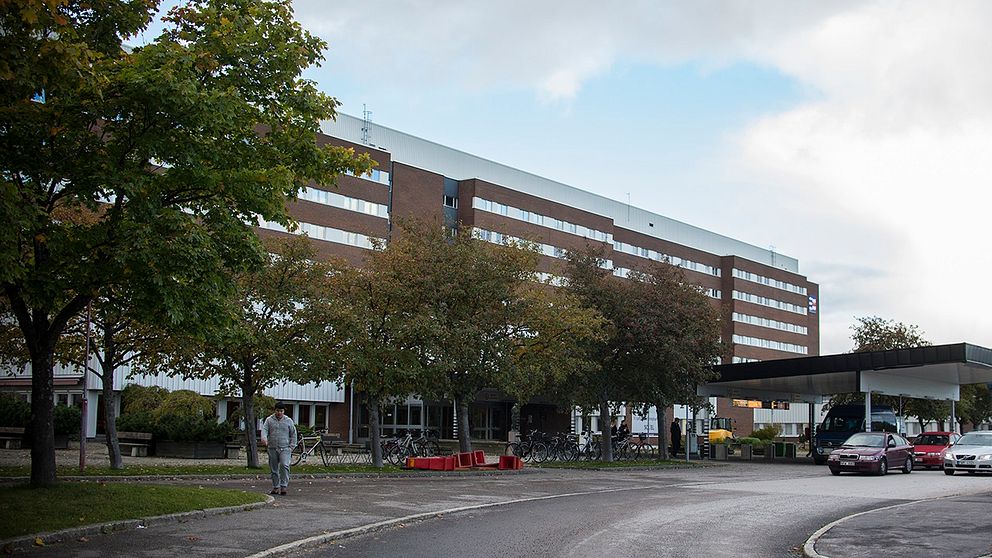 Vy mot Sundsvalls sjukhus – tegelbyggnad med flera våningar, gröna träd framför och en person som går längs väg från entrén.