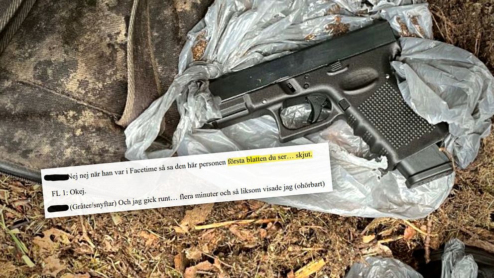 Pistol och textutdrag från polisförhör liggande på en plastpåse.