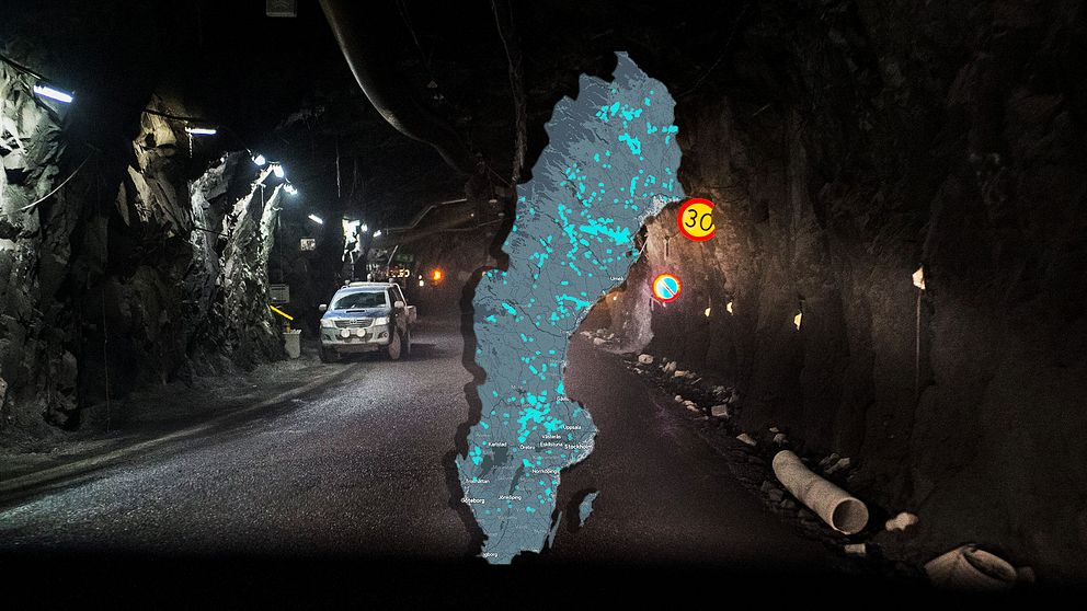 Montage med Sverigekarta som ligger över en tunnel i en gruva i Kiruna.