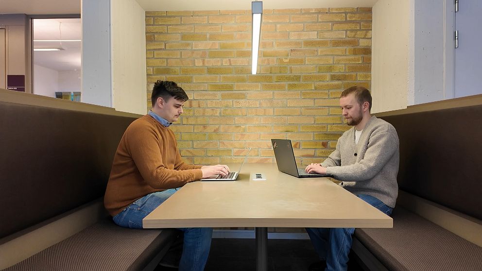 Två personer sitter vid ett bord i en avskild arbetsmiljö, båda arbetar på laptops.