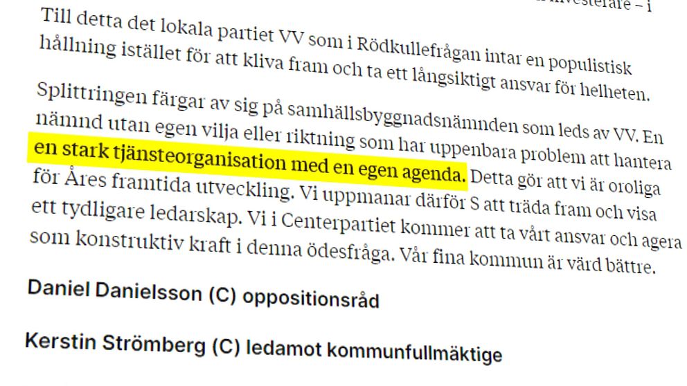 Bild på en debattartikel som Centerpartiet i Åre skrivit.