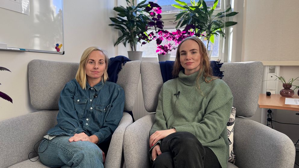 Två personer sitter i bekväma fåtöljer i ett ljust rum med växter och blommor i bakgrunden. Rummet har en avslappnad atmosfär, och det syns en whiteboard på väggen. Den ena personen bär en jeansjacka och den andra en grön tröja.